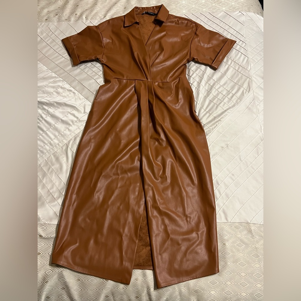 Zara Faux Leather Brown Dress! Size Medium.